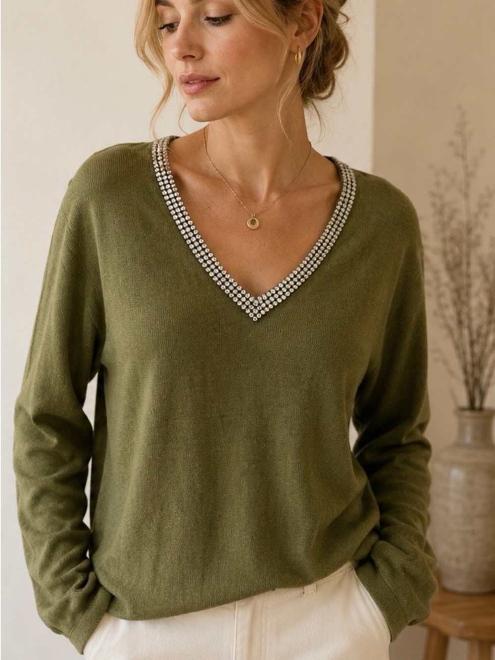 Soft Surroundings 85% Silk 15% Cashmere Sweater w/ Crystal Trim Sz XL